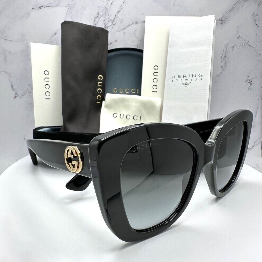 New GUCCI Sunglasses Black Gold Cat Eye Square Gradient Lens Womens